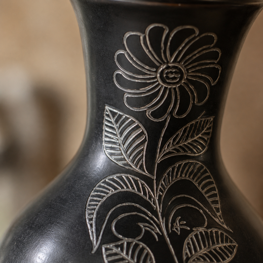 Moon Vessel | Flower Vase, Silver Inlay, Black Pottery | Nizamabad, Azamgarh