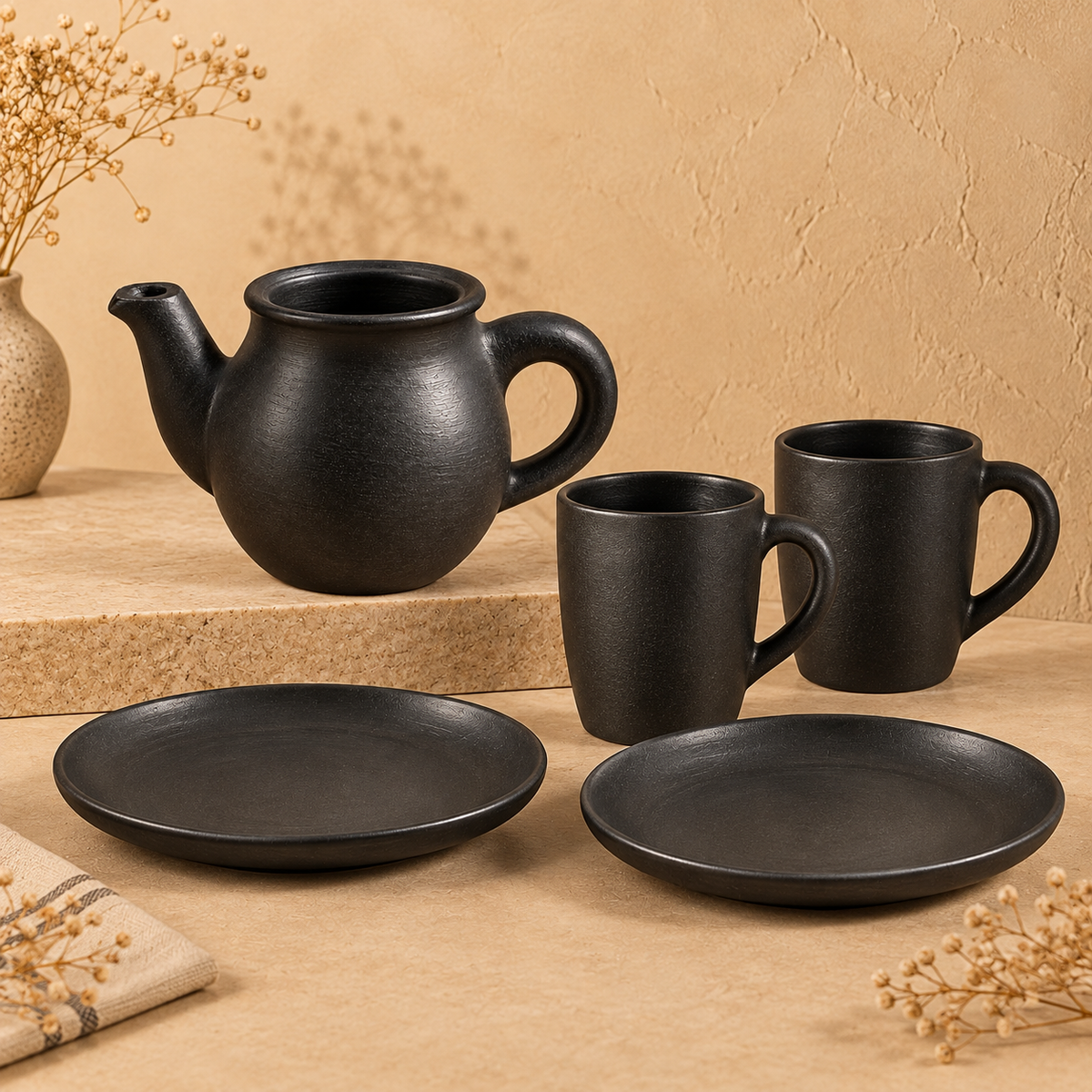 Hearth Pour | Teapot, Mugs & Plates Set, Black Pottery | Nizamabad, Azamgarh