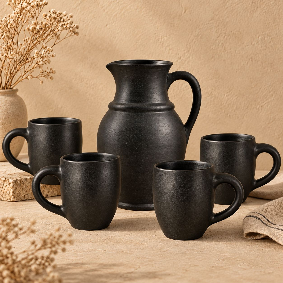 Noir Table | Pitcher & Mug Set, Black Pottery | Nizamabad, Azamgarh