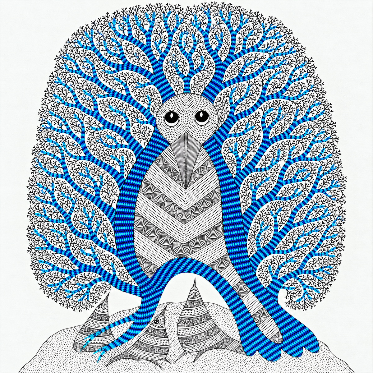 The Owl Beneath the Blue Forest — Hand Painted Gond Art from Madhya Pradesh