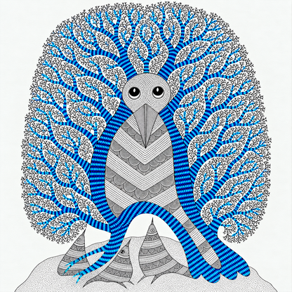 The Owl Beneath the Blue Forest — Hand Painted Gond Art from Madhya Pradesh