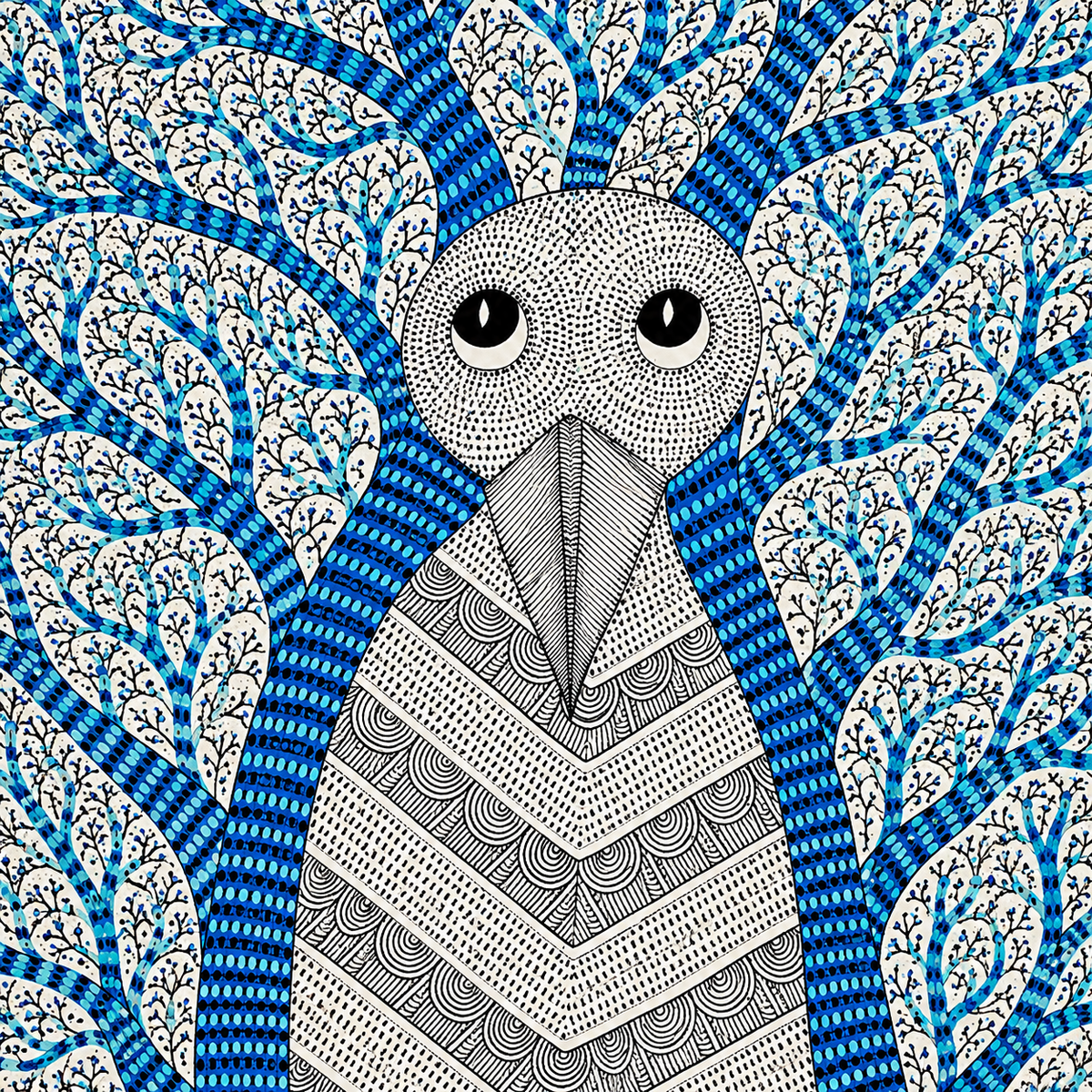 The Owl Beneath the Blue Forest — Hand Painted Gond Art from Madhya Pradesh