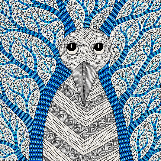 The Owl Beneath the Blue Forest — Hand Painted Gond Art from Madhya Pradesh