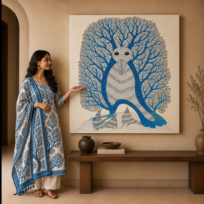 The Owl Beneath the Blue Forest — Hand Painted Gond Art from Madhya Pradesh