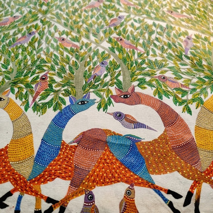 Deer Gathering Beneath the Living Forest — Hand Painted Gond Art from Madhya Pradesh