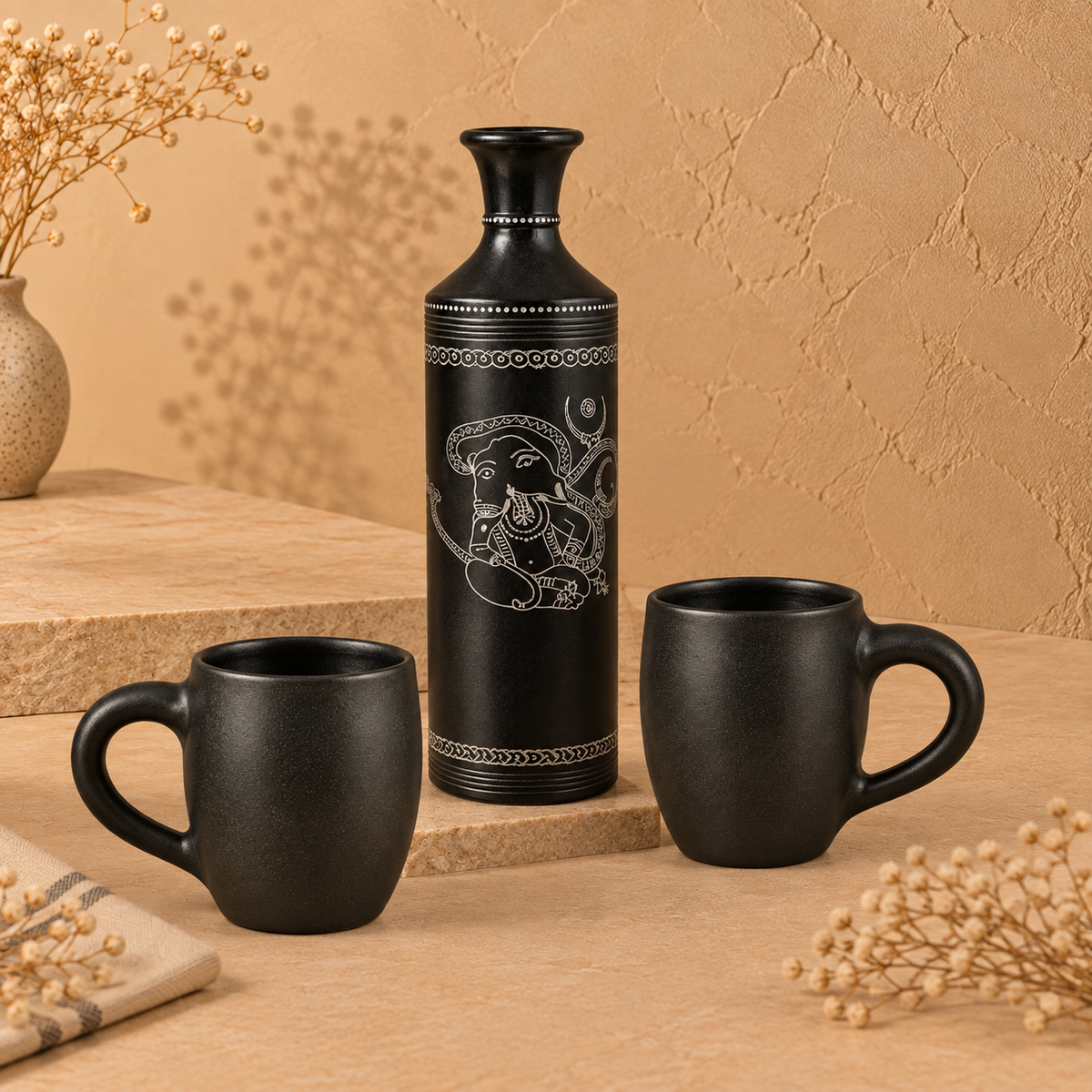 Sacred Lines | Decorative Vase & Mug Set, Black Pottery | Nizamabad, Azamgarh