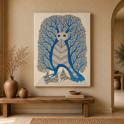 The Owl Beneath the Blue Forest — Hand Painted Gond Art from Madhya Pradesh