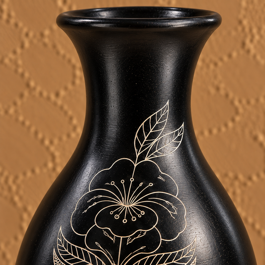 Lotus Veil | Flower Vase, Silver Inlay, Black Pottery | Nizamabad, Azamgarh