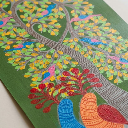 Birds Beneath the Forest Tree — Hand Painted Gond Art from Madhya Pradesh