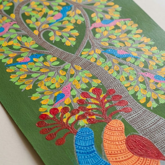 Birds Beneath the Forest Tree — Hand Painted Gond Art from Madhya Pradesh