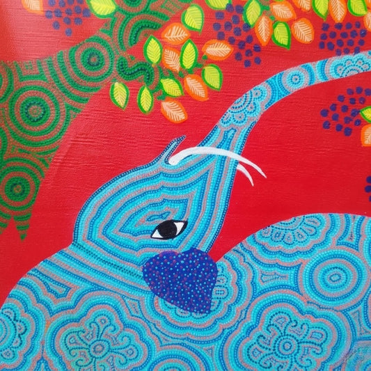Elephant Beneath the Living Tree – Traditional Animal Pithora Art from Chhota Udaipur, Gujarat