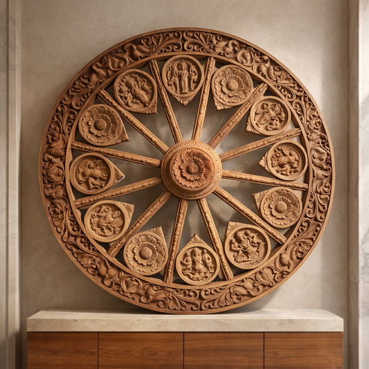 Astalakshmi Wheel Wall Panel in Poola Wood – Hand Carved Temple Sculpture from Madhavamala, Andhra Pradesh
