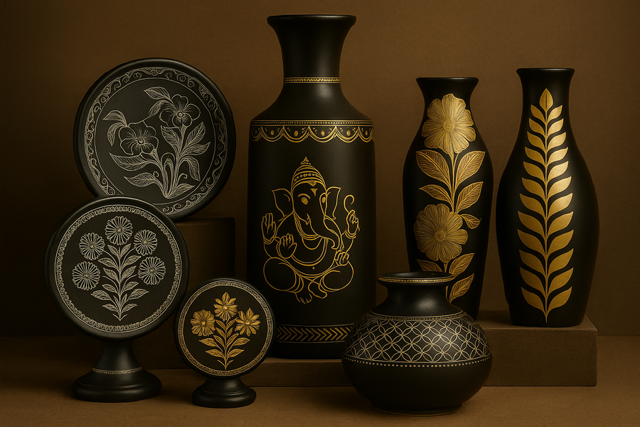 Gold and silver inlay black pottery collector piece