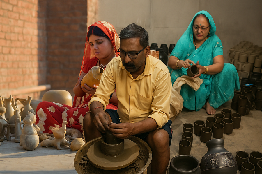 Prajapati artisans shaping black pottery by hand