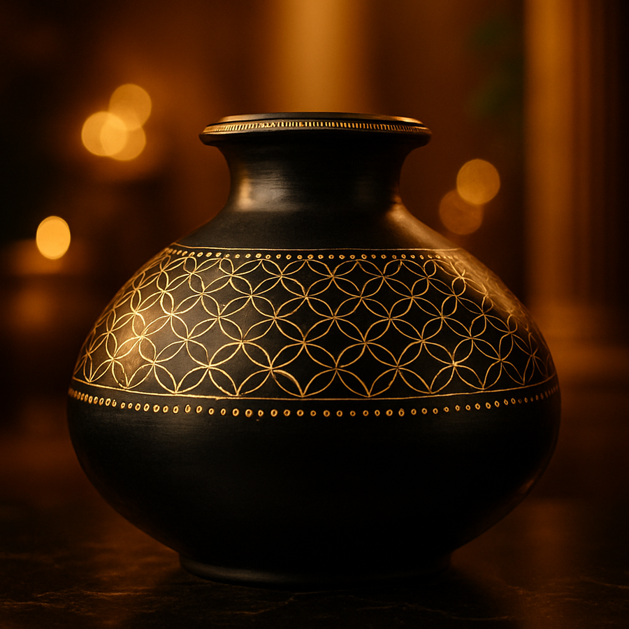 Black pottery hero piece with metal inlay