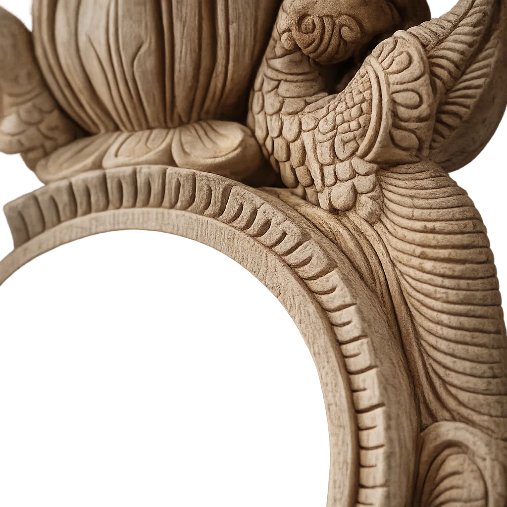 Hamsa Pratibimba Ornamental Round Frame - Hand Carved in Poola Wood from Madhavamala, Andhra Pradesh.