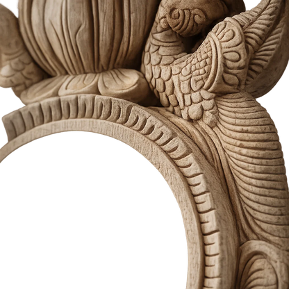Hamsa Pratibimba Ornamental Round Frame - Hand Carved in Poola Wood from Madhavamala, Andhra Pradesh.