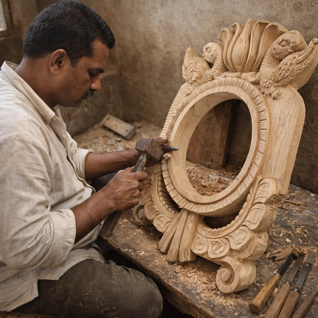 Hamsa Pratibimba Ornamental Round Frame - Hand Carved in Poola Wood from Madhavamala, Andhra Pradesh.