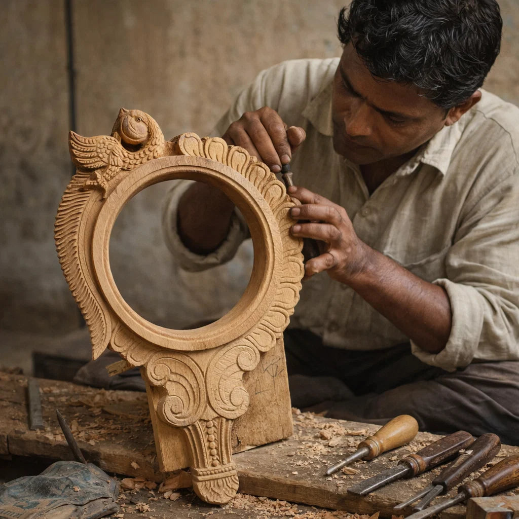 Pratibimba Mandala Wooden Mirror Frame - Hand Carved in Poola Wood - Madhavamala, Andhra Pradesh