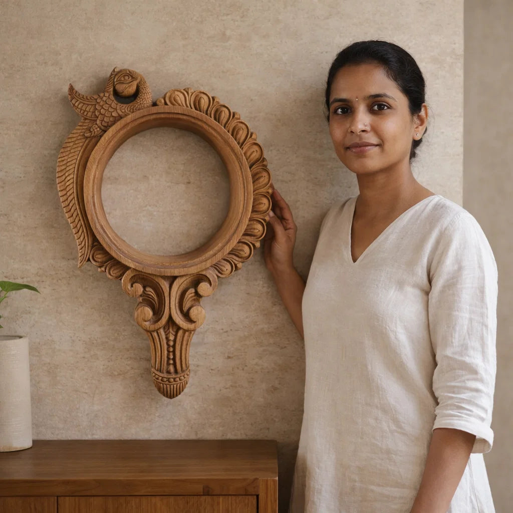 Pratibimba Mandala Wooden Mirror Frame - Hand Carved in Poola Wood - Madhavamala, Andhra Pradesh