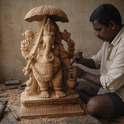 Chatra Ganapati Pratima - Hand Carved in Poola Wood from Madhavamala, Andhra Pradesh
