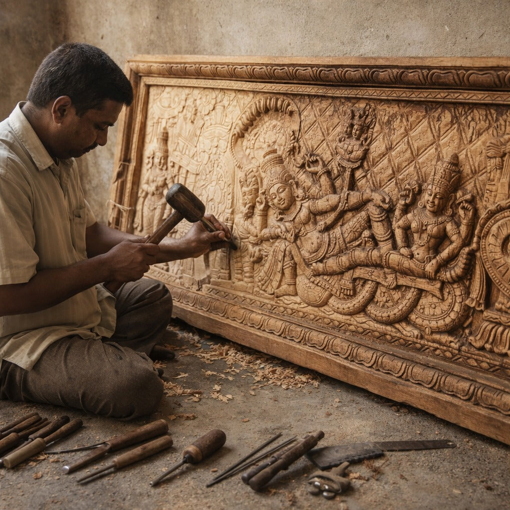Ananta Shayana Panel -Hand Carved in Poola Wood from Madhavamala, Andhra Pradesh