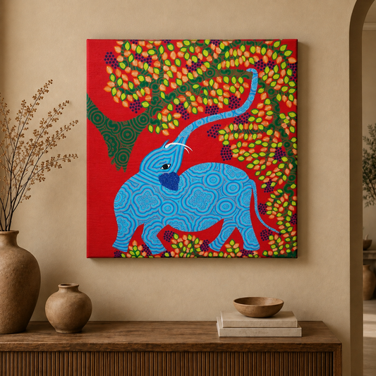 Elephant Beneath the Living Tree – Traditional Animal Pithora Art from Chhota Udaipur, Gujarat