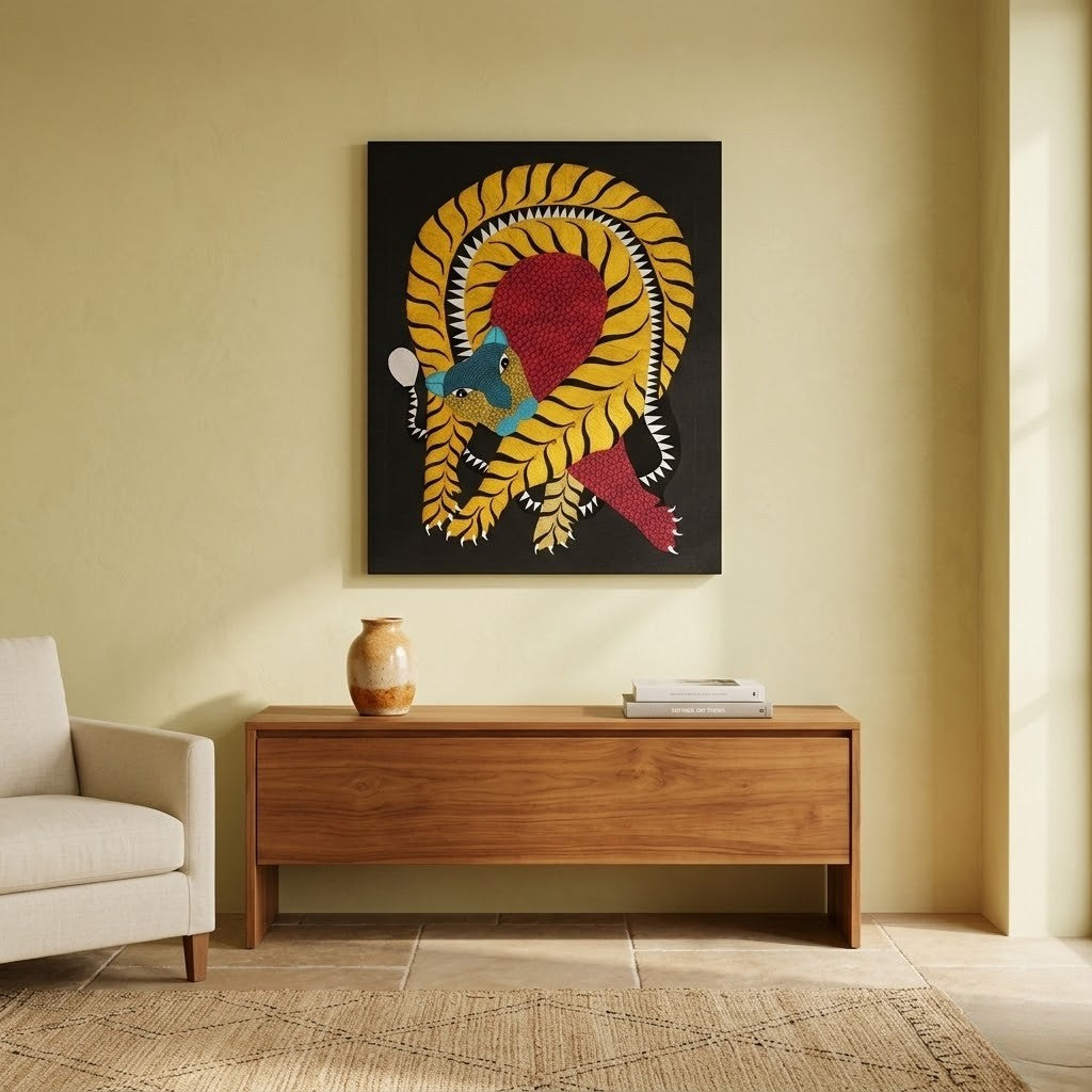 Curled Tiger — Hand Painted Gond Art from Madhya Pradesh