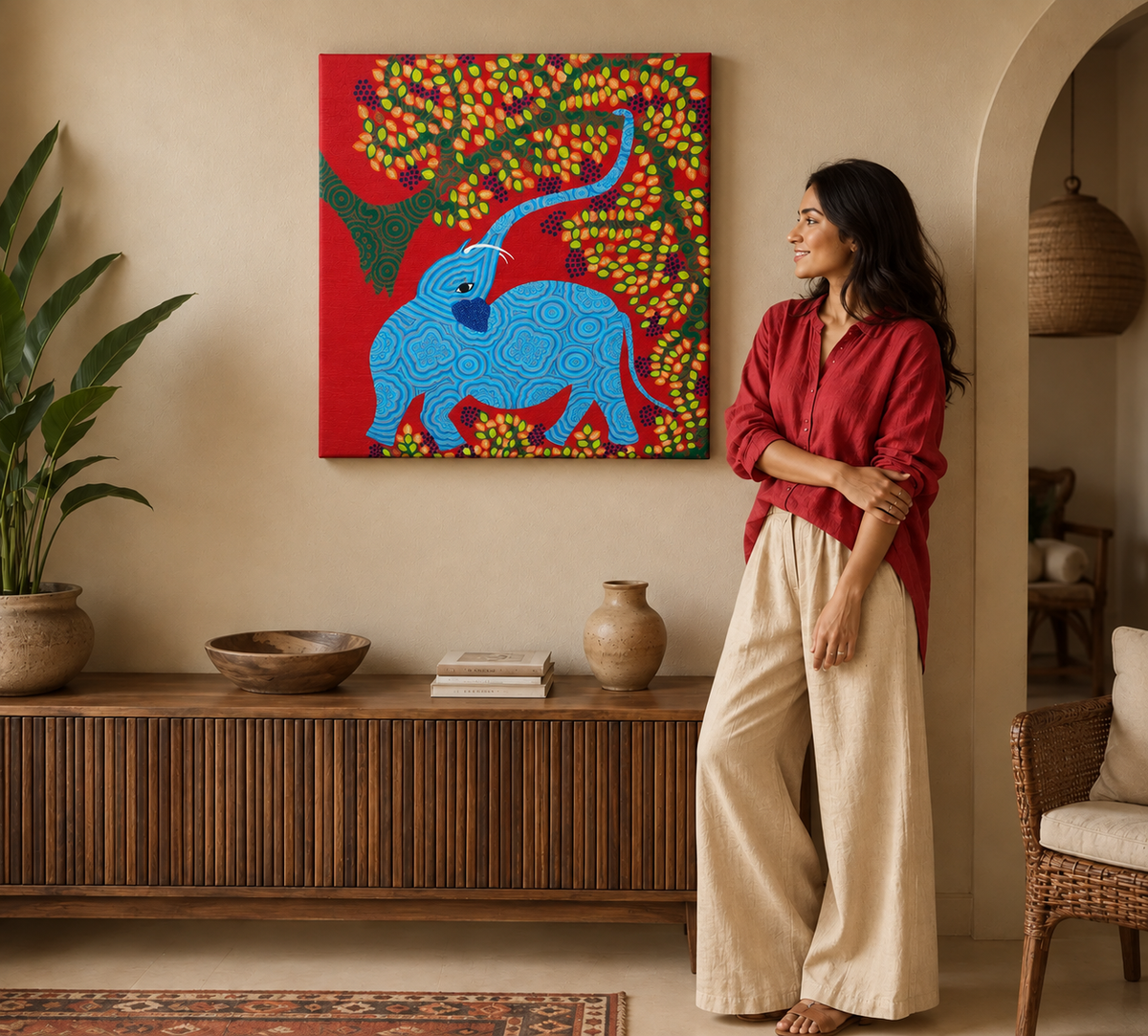 Elephant Beneath the Living Tree – Traditional Animal Pithora Art from Chhota Udaipur, Gujarat