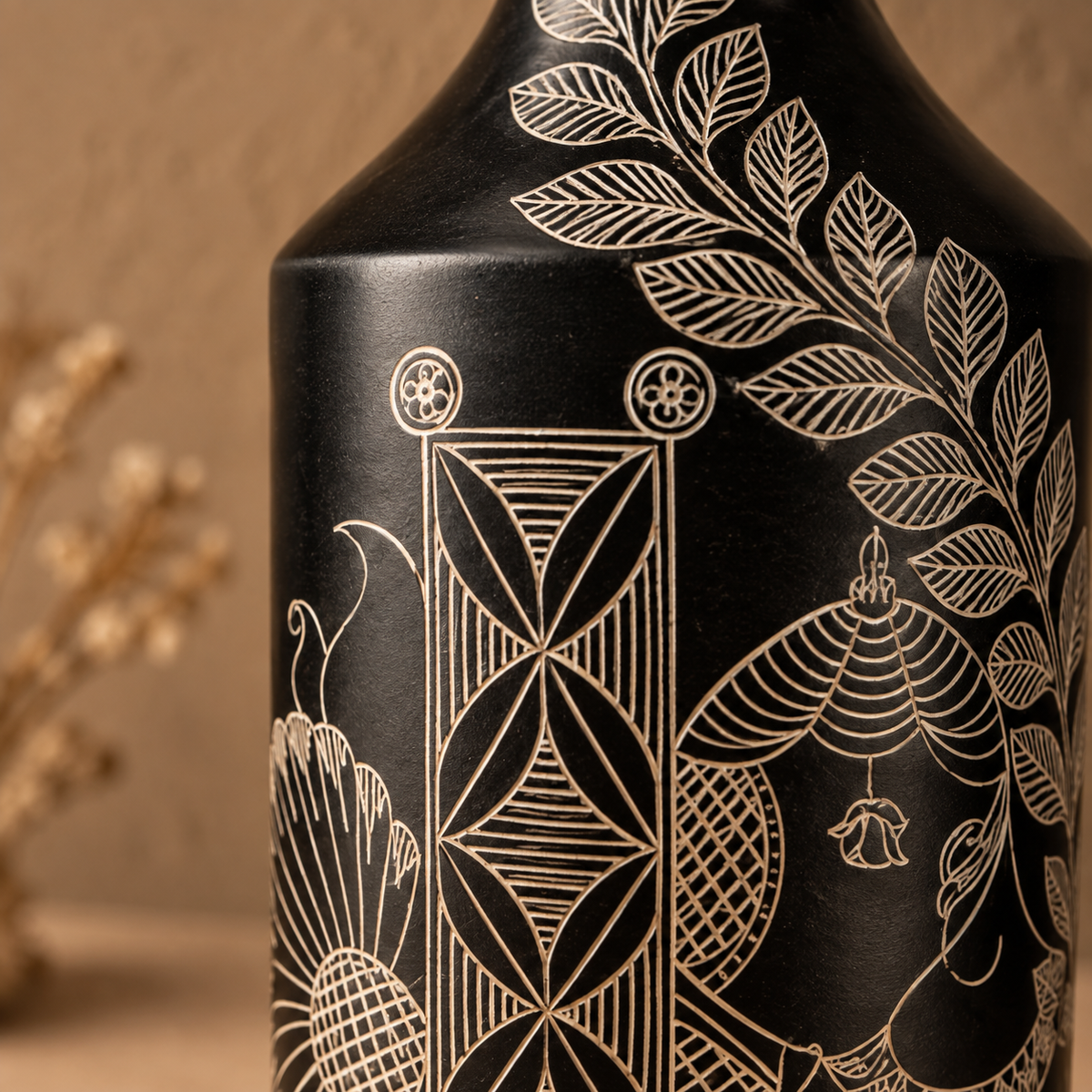 Vanya | Botanical & Geometric Decorative Vase, Black Pottery | Nizamabad, Azamgarh