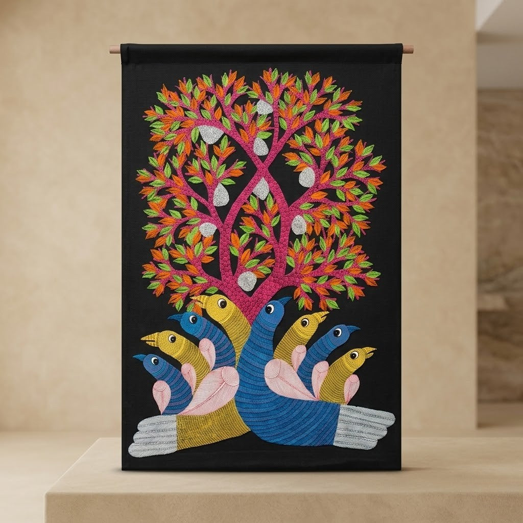 Tree of Life with Birds — Hand Painted Gond Art from Madhya Pradesh