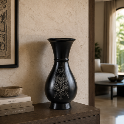 Regal Curve | Flower Vase, Silver Inlay, Black Pottery | Nizamabad, Azamgarh