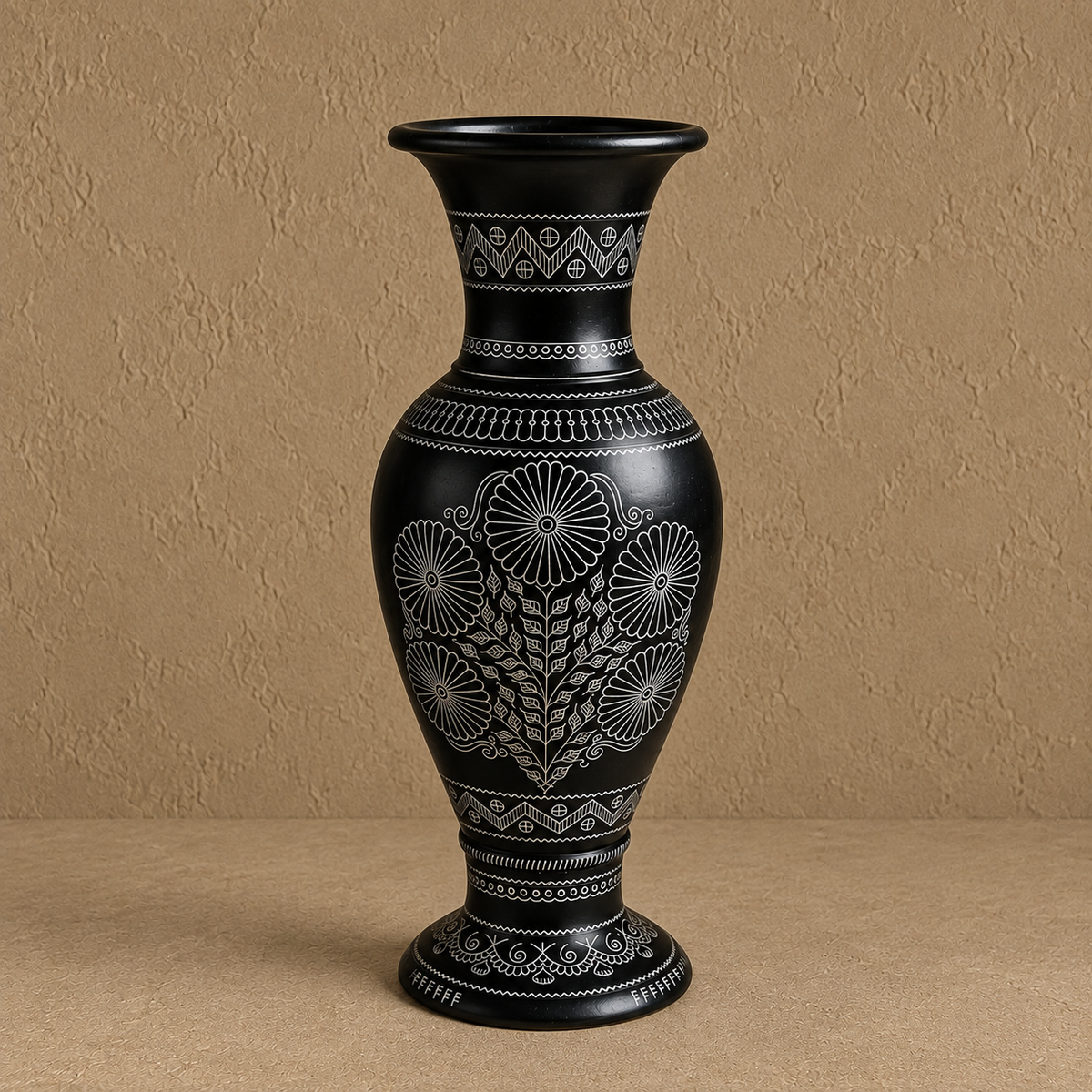Royal Mandala | Flower Vase, Silver Inlay, Black Pottery | Nizamabad, Azamgarh