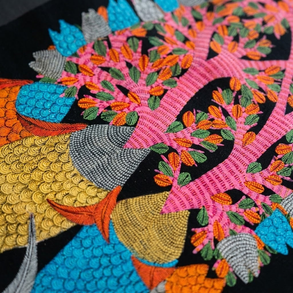 Fish Beneath the Forest Tree — Hand Painted Gond Art from Madhya Pradesh