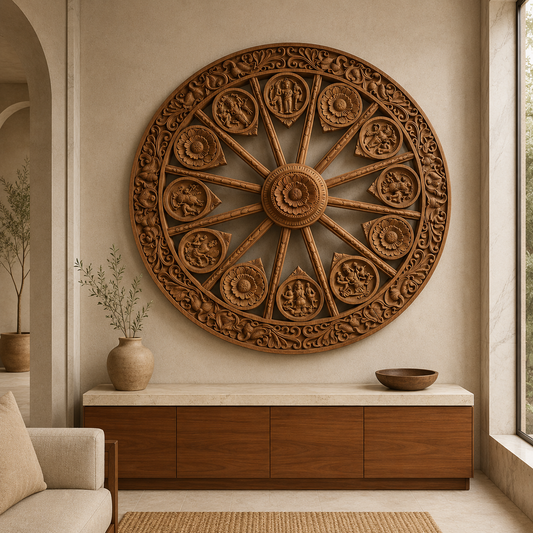 Astalakshmi Wheel Wall Panel in Poola Wood – Hand Carved Temple Sculpture from Madhavamala, Andhra Pradesh