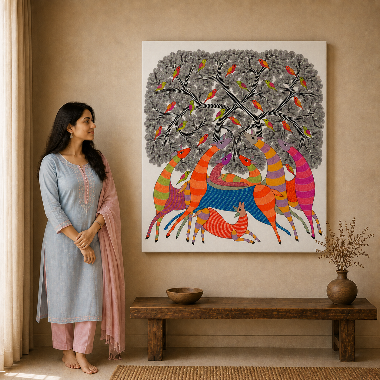 Forest Deer Gathering — Hand Painted Gond Art from Madhya Pradesh