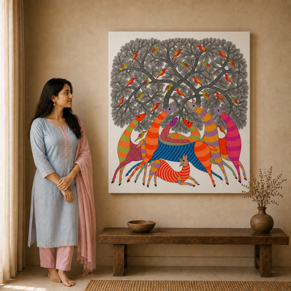 Forest Deer Gathering — Hand Painted Gond Art from Madhya Pradesh