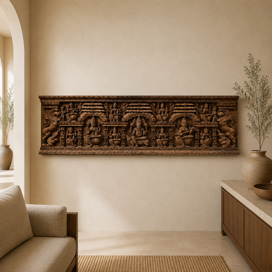 Trimukha Sabha Lintel -Hand Carved in Poola Wood from Madhavamala, Andhra Pradesh