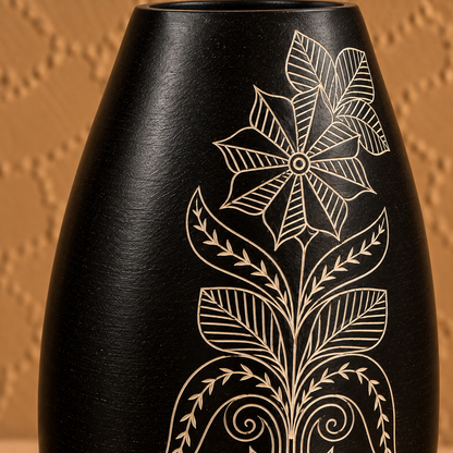 Petal Rhythm | Flower Vase, Floral Silver Inlay, Black Pottery | Nizamabad, Azamgarh