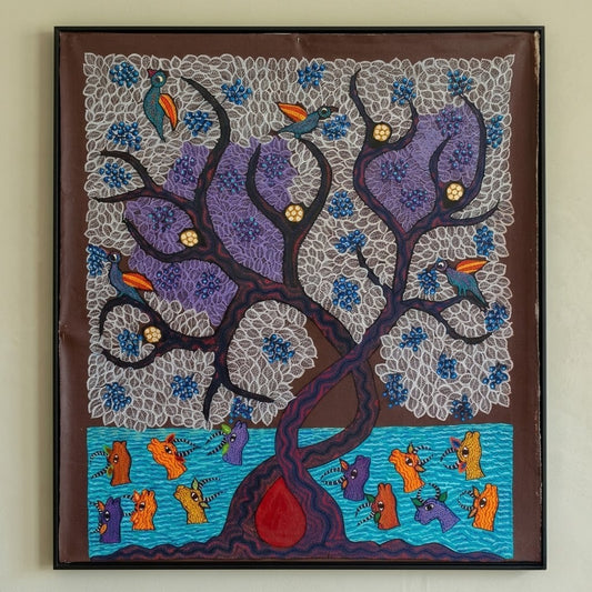 River Beneath the Listening Tree - Hand Painted Pithora art from Chhota Udaipur, Gujarat