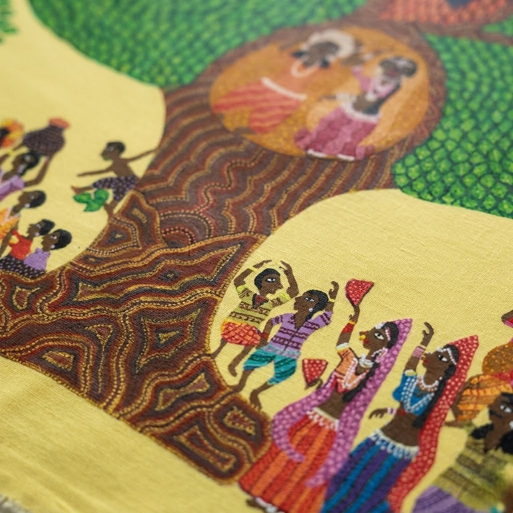 Gathering Beneath the Sacred Tree - Hand Painted Pithora art from Chhota Udaipur, Gujarat