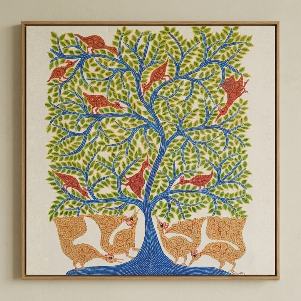 Birdsong Beneath the Living Tree - Traditional Pithora Art from Chhota Udaipur, Gujarat