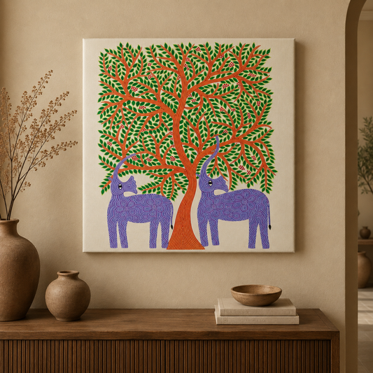 Guardians Beneath the Forest Canopy - Traditional Animal Pithora Art from Chhota Udaipur, Gujarat