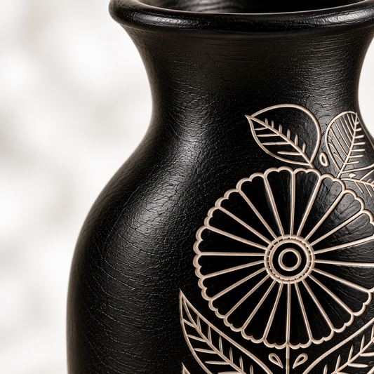 Floral Emblem | Flower Vase, Silver Inlay, Black Pottery | Nizamabad, Azamgarh