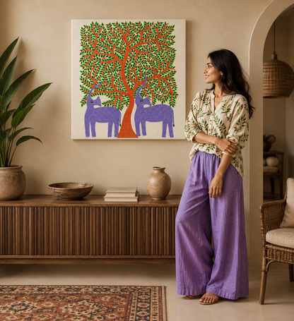 Guardians Beneath the Forest Canopy - Traditional Animal Pithora Art from Chhota Udaipur, Gujarat