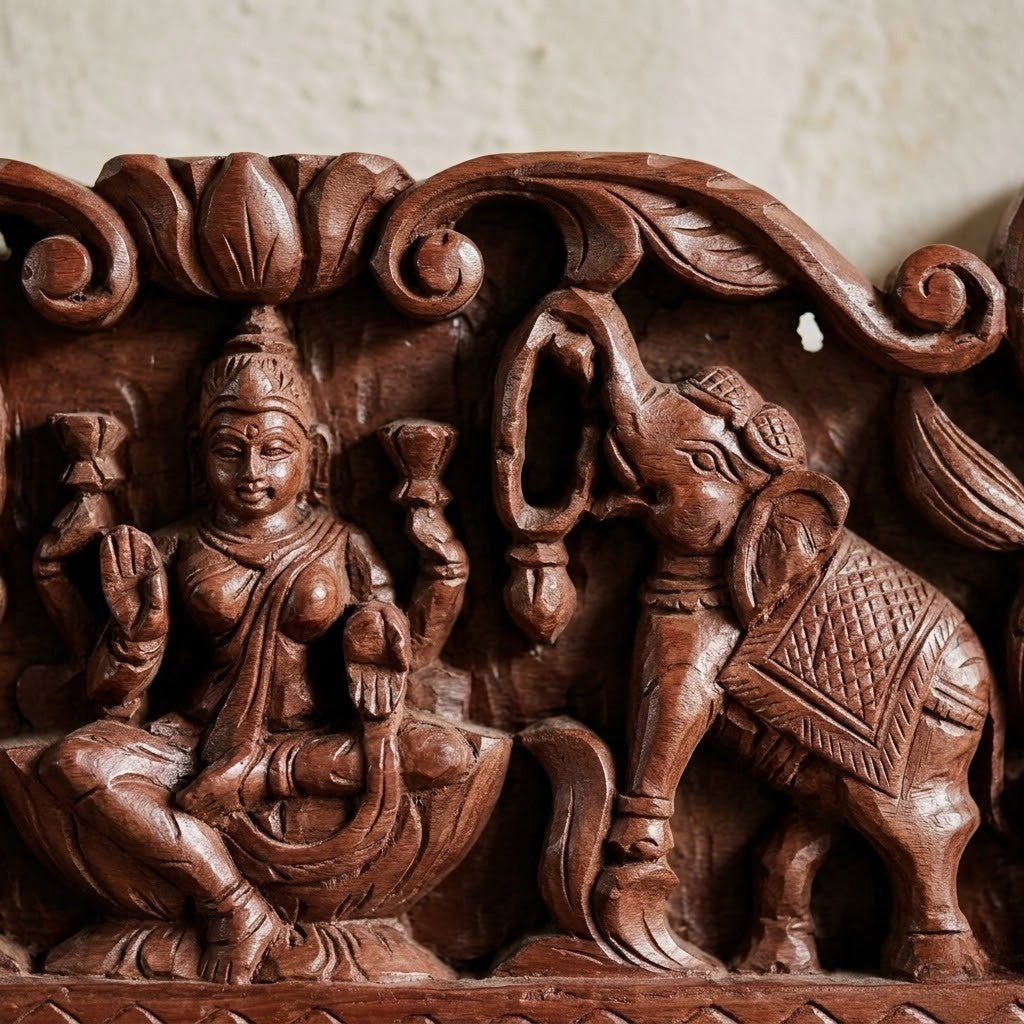 Gaja Lakshmi Crest - Hand Carved in Poola Wood from Madhavamala, Andhra Pradesh
