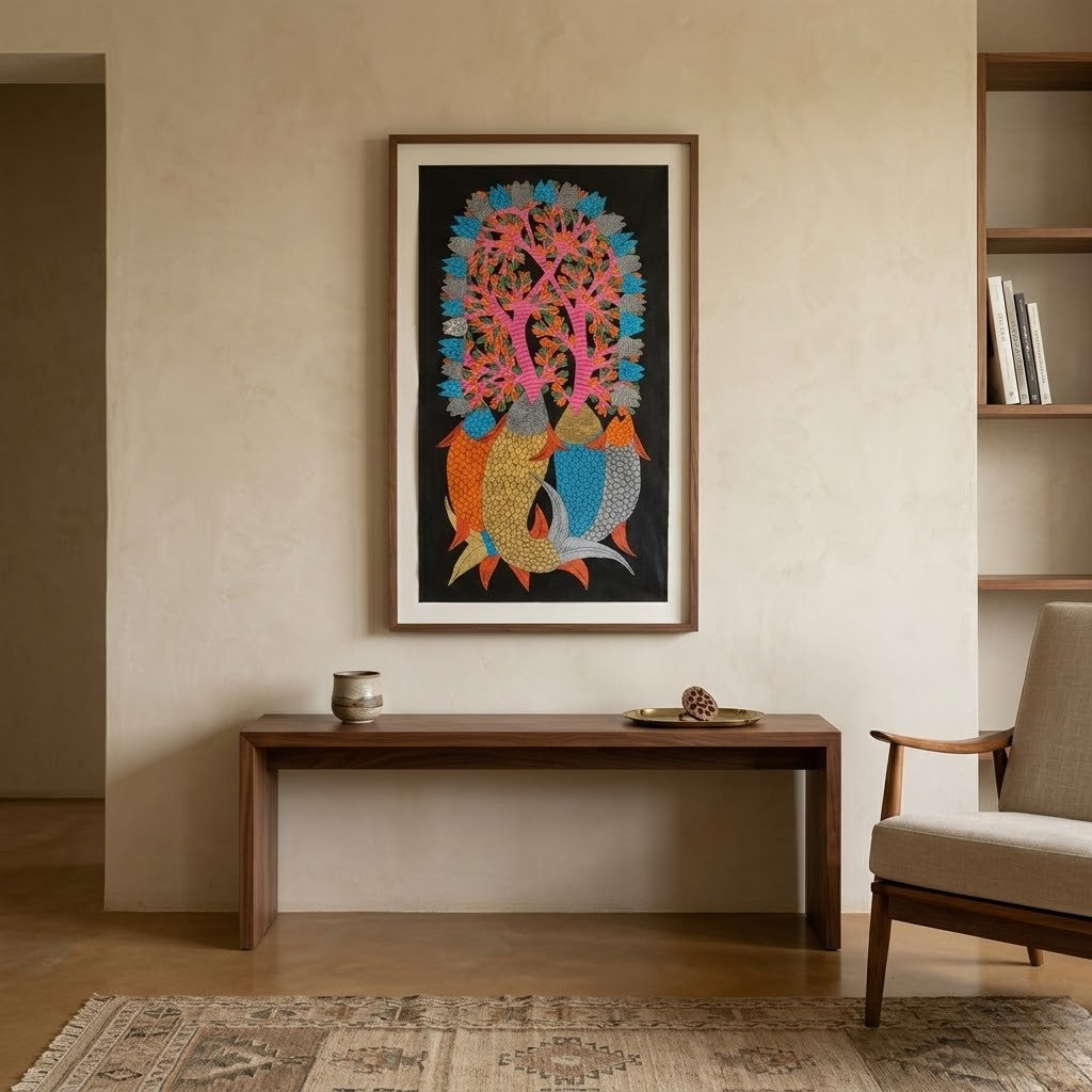 Fish Beneath the Forest Tree — Hand Painted Gond Art from Madhya Pradesh