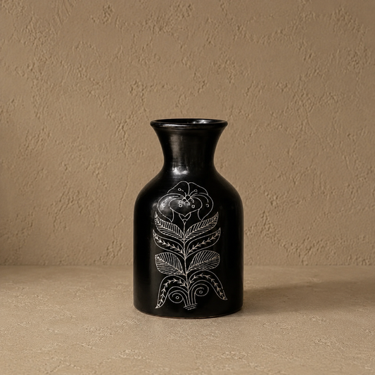 Ebony Fern | Flower Vase, Silver Inlay, Black Pottery | Nizamabad, Azamgarh