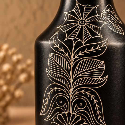 Botanical Bloom | Flower Vase, Silver Inlay, Black Pottery | Nizamabad, Azamgarh