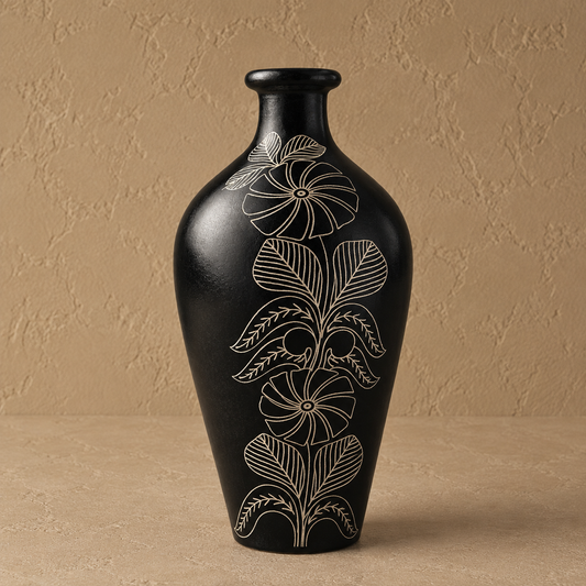 Floral Stem Silver Inlay Black Pottery Vase – Handcrafted | Azamgarh Terracotta Art